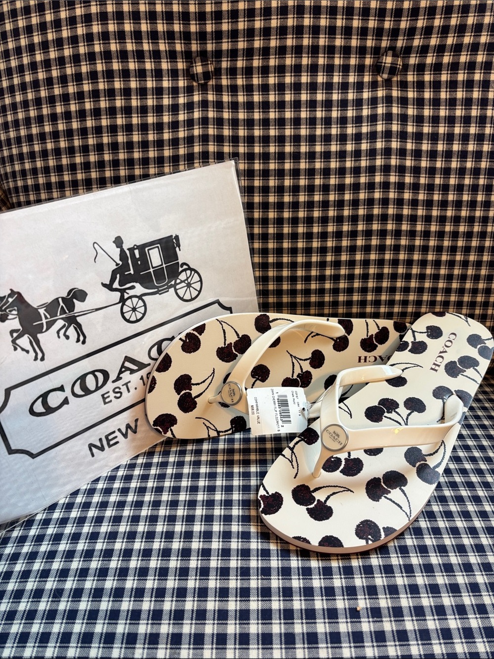 Coach Cream Flip Flops with Black Cherry Print